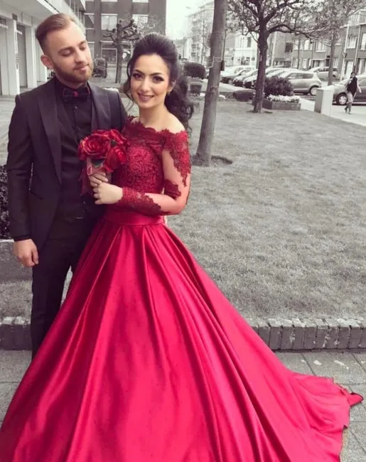 Sexy Lace Off the Shoulder Long Sleeves Red Prom Dresses sold by My Chic Dress