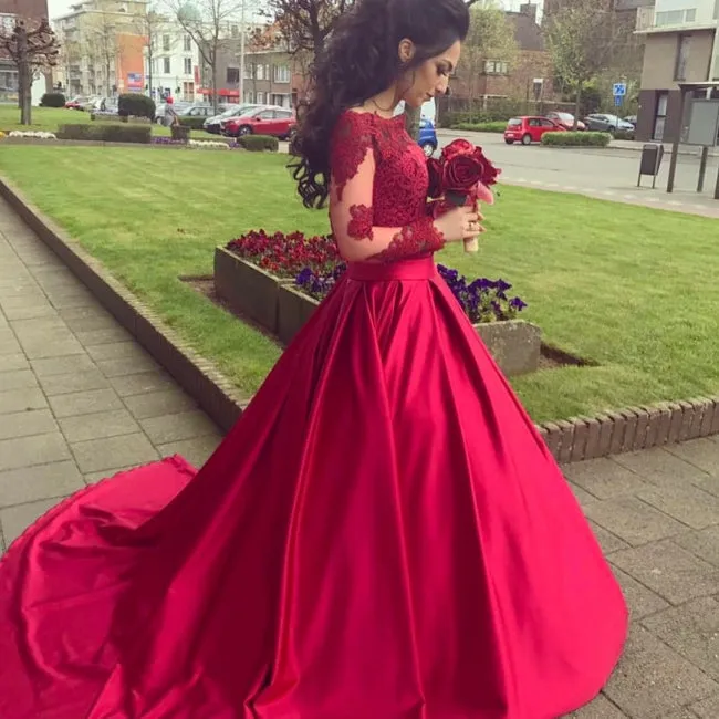 Sexy Lace Off the Shoulder Long Sleeves Red Prom Dresses sold by My Chic Dress product image thumbnail 2