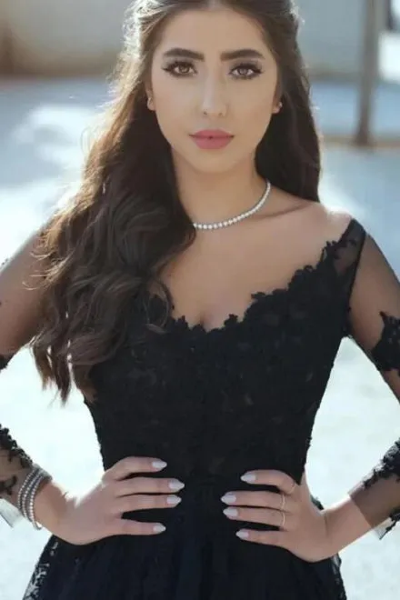 Sexy A Line Black Lace Long-Sleeved Slit Prom Evening Dresses sold by My Chic Dress product image thumbnail 3