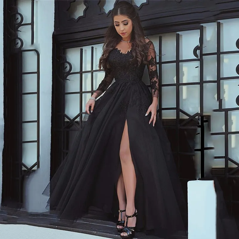 Sexy A Line Black Lace Long-Sleeved Slit Prom Evening Dresses sold by My Chic Dress