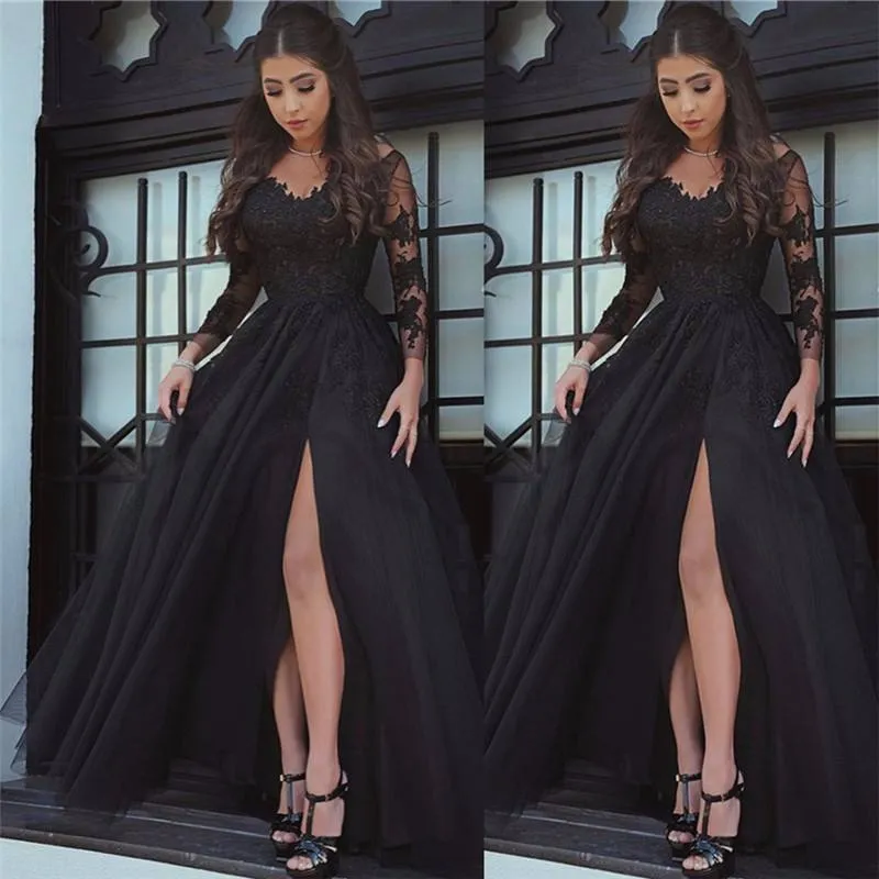 Sexy A Line Black Lace Long-Sleeved Slit Prom Evening Dresses sold by My Chic Dress product image thumbnail 5