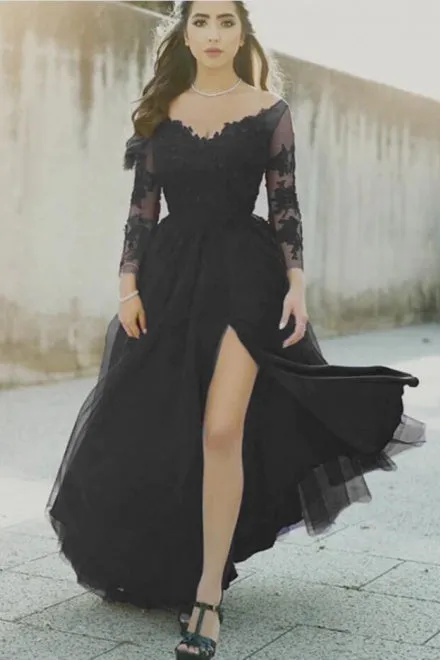 Sexy A Line Black Lace Long-Sleeved Slit Prom Evening Dresses sold by My Chic Dress product image thumbnail 4