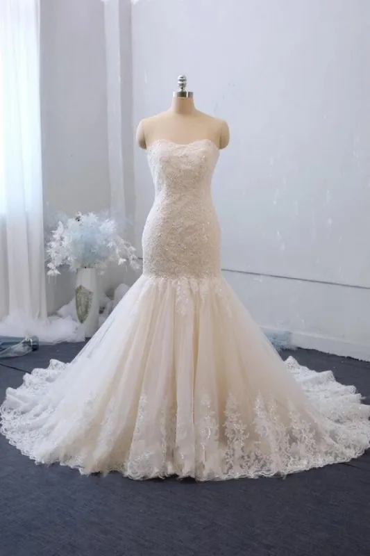 Sexy Floor Length Mermaid Lace Sequins Ivory Wedding Gowns sold by My Chic Dress