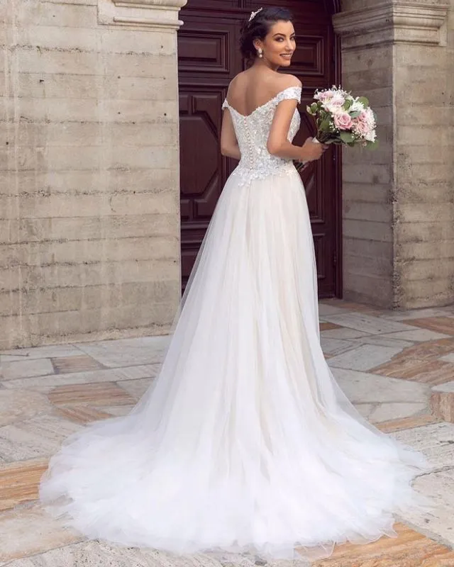 Sexy Floor Length Off the Shoulder Lace Ivory Wedding Gowns sold by My Chic Dress product image thumbnail 2