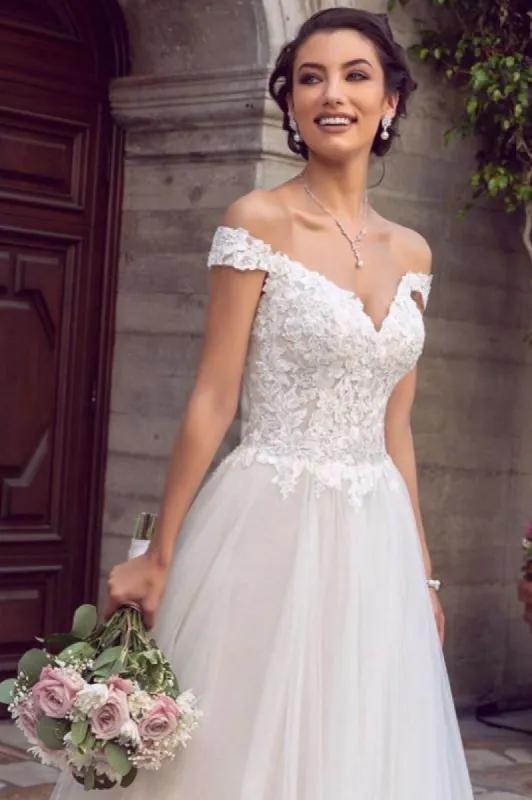 Sexy Floor Length Off the Shoulder Lace Ivory Wedding Gowns sold by My Chic Dress