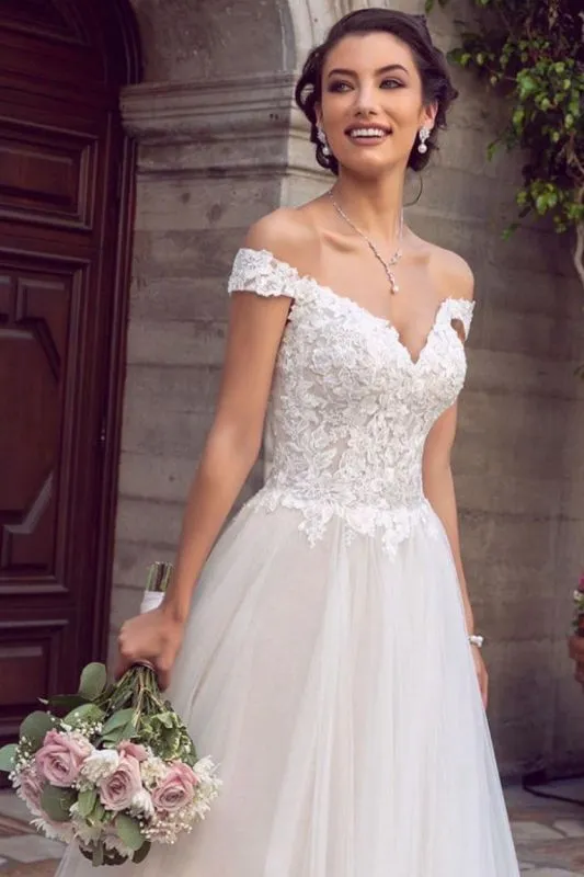 Sexy Floor Length Off the Shoulder Lace Ivory Wedding Gowns sold by My Chic Dress