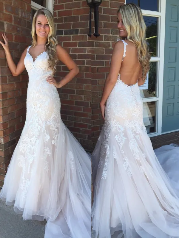Modern Straps V Neck Lace Mermaid Ivory Wedding Dresses sold by My Chic Dress