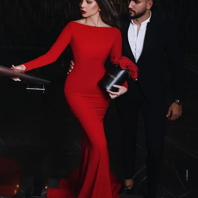 Simple Long Sleeves Red Wedding Guest Dresses Sexy Open Back sold by My Chic Dress