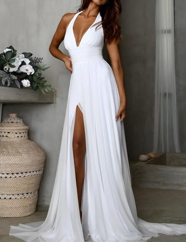 Simple Long Chiffon White Beach Minimalist Wedding Dresses Summer Maxi Dresses sold by My Chic Dress