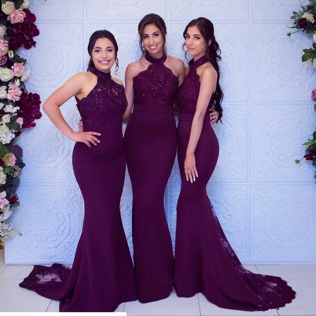 Simple Floor Length Lace Halter Burgundy Bridesmaid Dresses sold by My Chic Dress