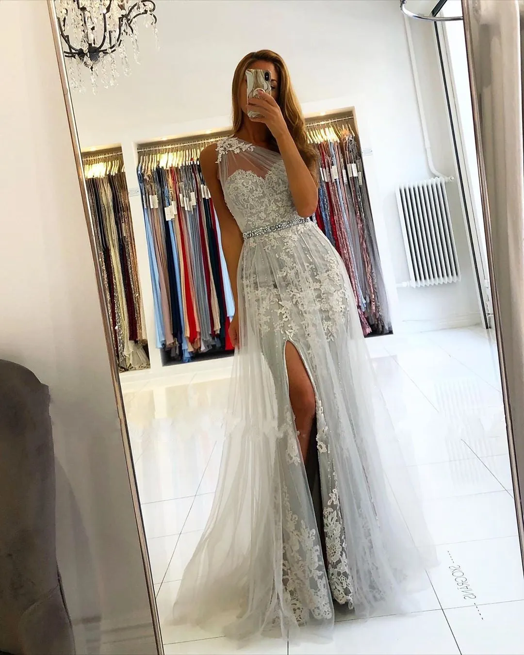 Affordable Lace Silver Prom Dresses One Shoulder Tulle with Beadings sold by My Chic Dress product image thumbnail 5