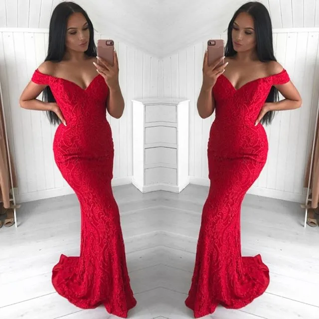 Hot Mermaid Red Lace Off the Shoulder Prom Dresses sold by My Chic Dress product image thumbnail 2