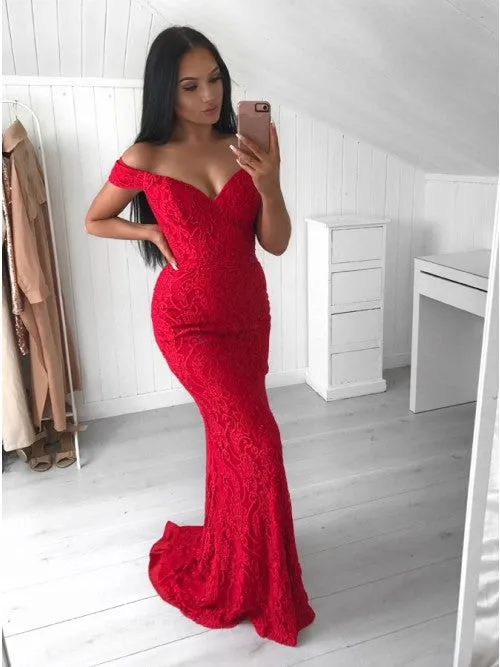 Hot Mermaid Red Lace Off the Shoulder Prom Dresses sold by My Chic Dress