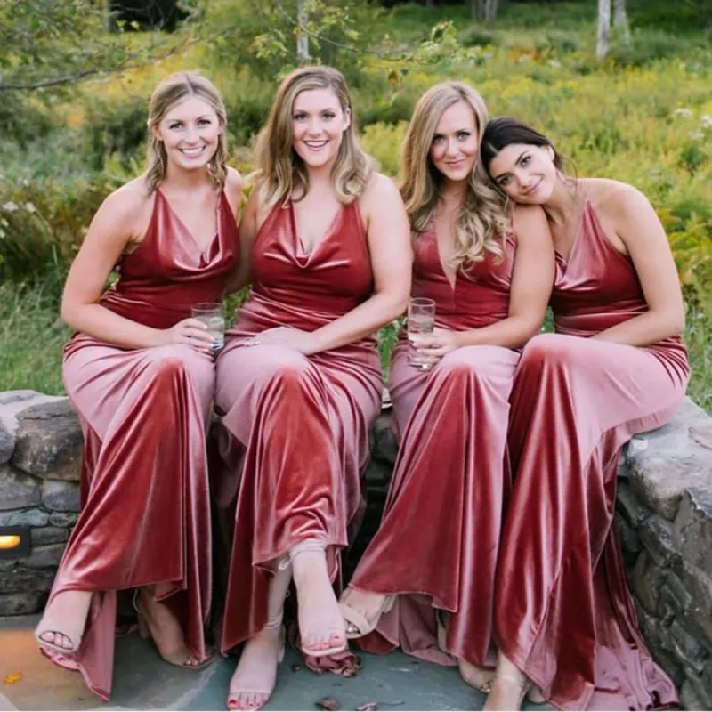Sexy V-neck Vintage Rust Velvet Bridesmaid Dresses Long sold by My Chic Dress