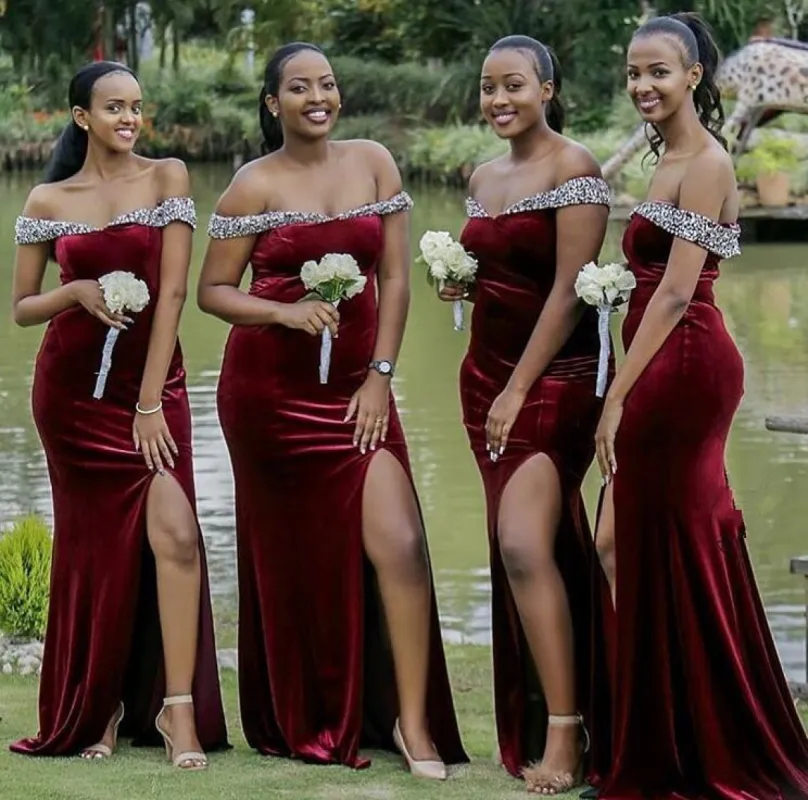 Mermaid Burgundy Velvet Bridesmaid Dresses Off the Shoulder Beaded Dress sold by My Chic Dress
