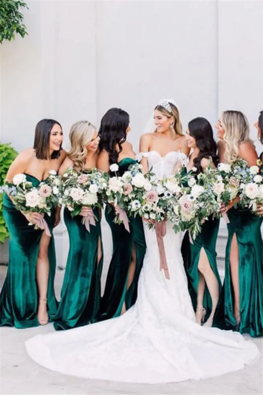 Sweetheart Emerald Green Velvet Bridesmaid Dresses High Thigh Slit sold by My Chic Dress