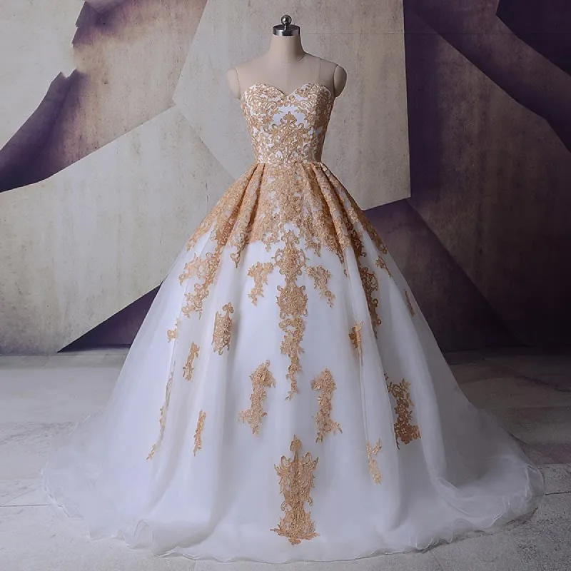 Vestido Gold Lace Appliques Wedding Dresses Princess Ball Gowns sold by My Chic Dress