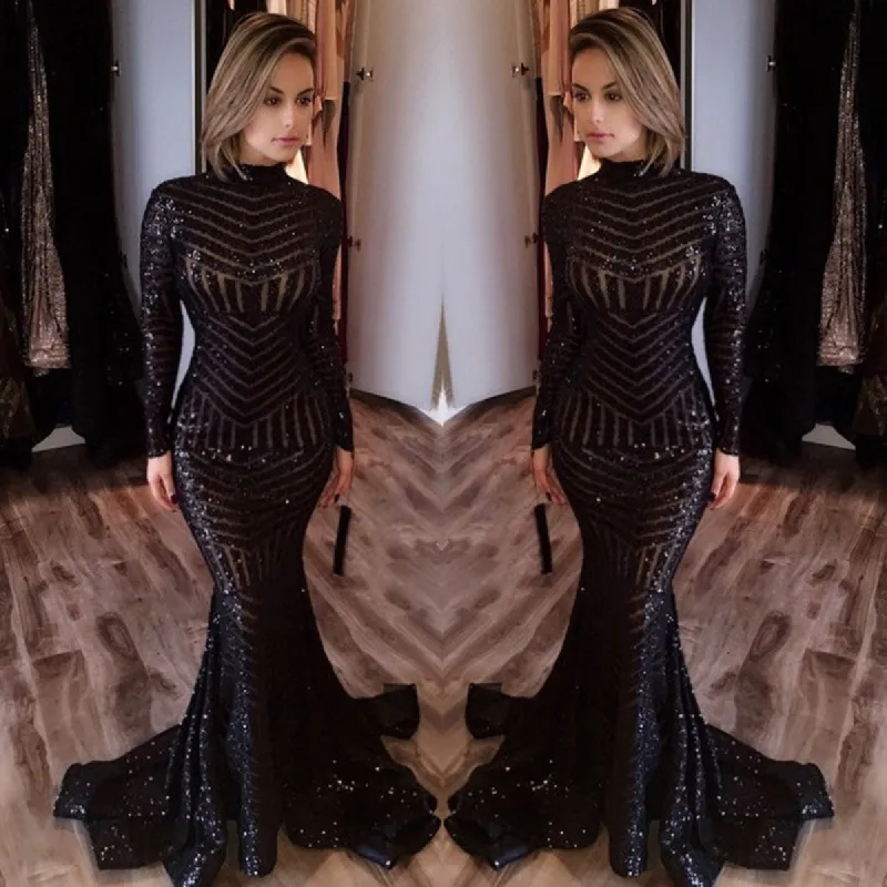 Sexy Black Mermaid High Neck Evening Gowns Long-Sleeves Sequined Prom Dress sold by My Chic Dress