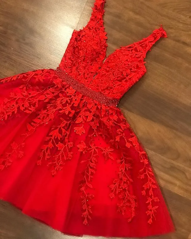 Sexy Short V-neck Red Lace Prom Dresses Cheap Party Dress sold by My Chic Dress