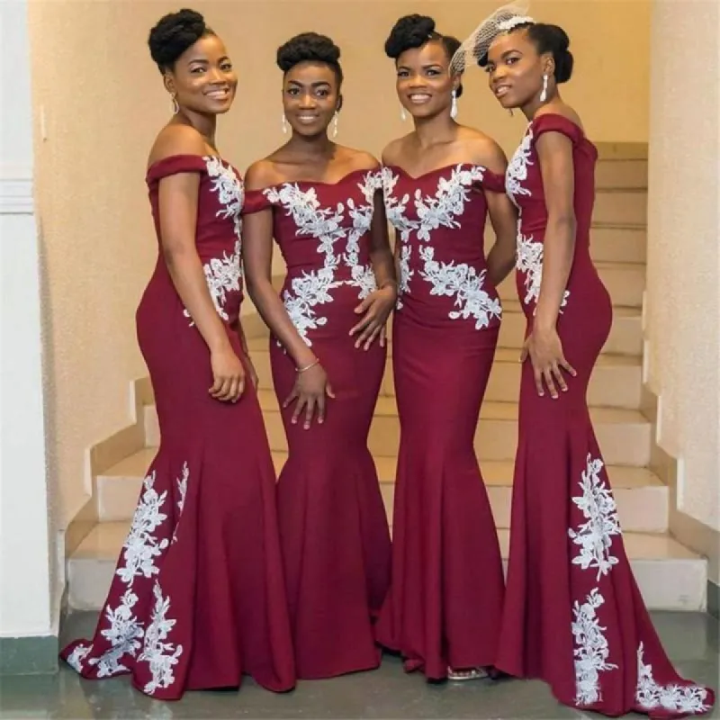 Cheap Burgundy Bridesmaid Dresses Off the Shoulder Appliques Long sold by My Chic Dress