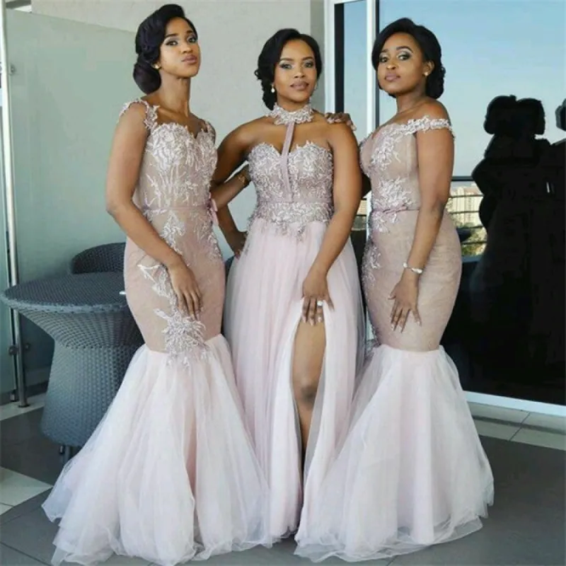Elegant Pink Tulle Mermaid Cheap Lace Bridesmaid Dresses Appliques sold by My Chic Dress