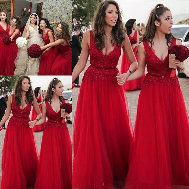 Sexy V-neck Beads Appliques Cheap Red Bridesmaid Dresses sold by My Chic Dress product image thumbnail 2