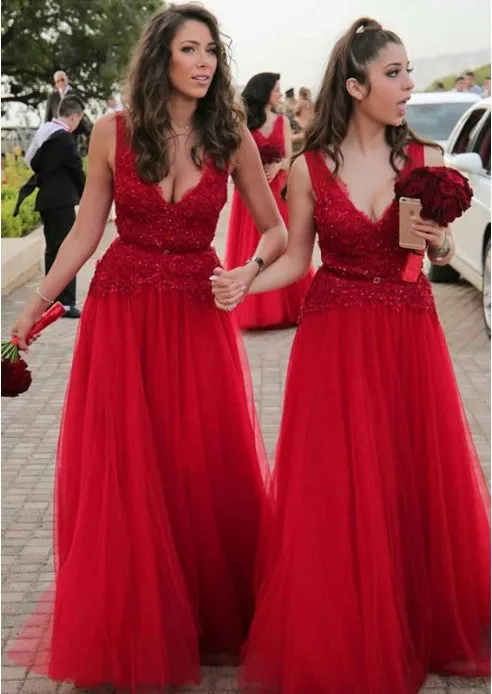 Sexy V-neck Beads Appliques Cheap Red Bridesmaid Dresses sold by My Chic Dress