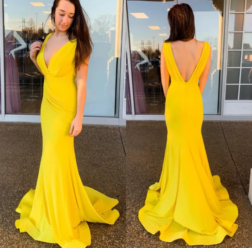 Sexy Mermaid Yellow Prom Dresses V-Neck Evening Gowns sold by My Chic Dress
