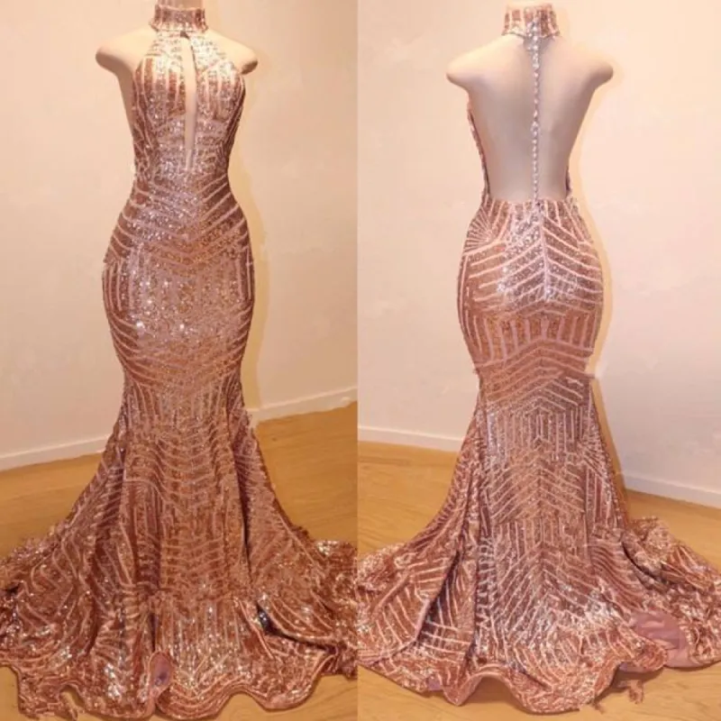 Gorgeous Halter Long Mermaid Champagne Gold Sequin Prom Dresses sold by My Chic Dress