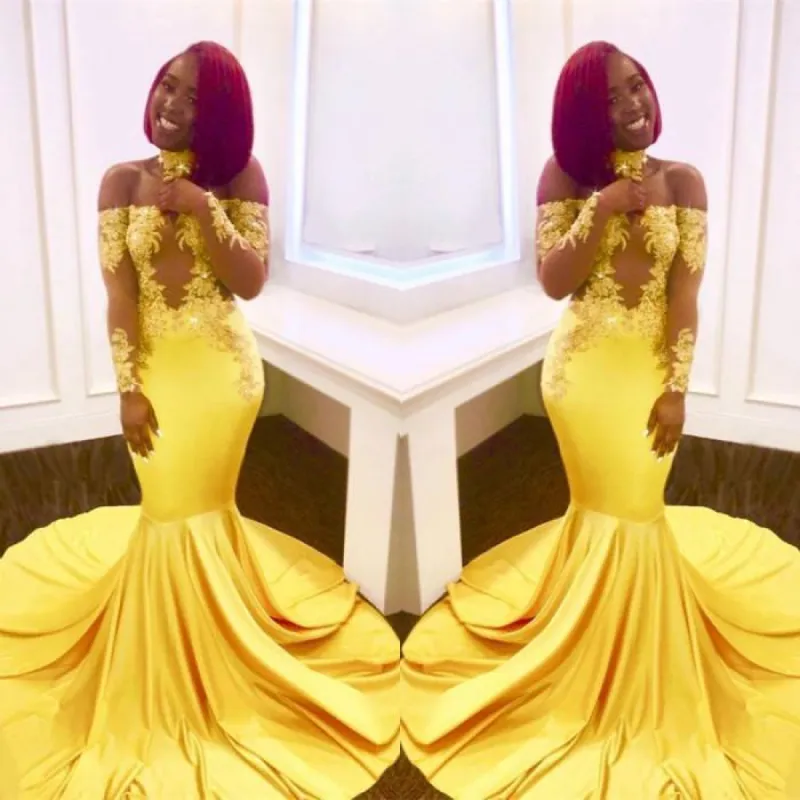 Lace Yellow Prom Dresses Mermaid Off-the-Shoulder Evening Gowns sold by My Chic Dress
