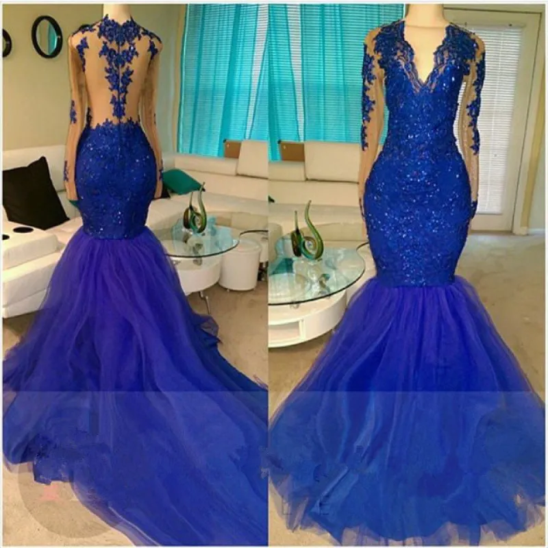 Mermaid Sleeveless Lace Tulle Royal-Blue Prom Dress sold by My Chic Dress