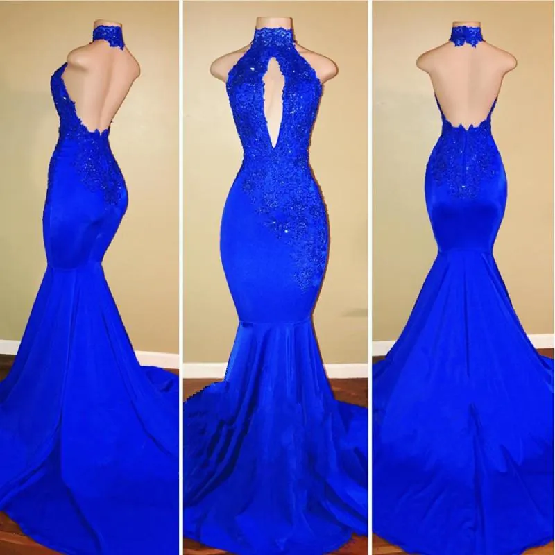 Halter Backless Mermaid Royal Blue Prom Dresses sold by My Chic Dress