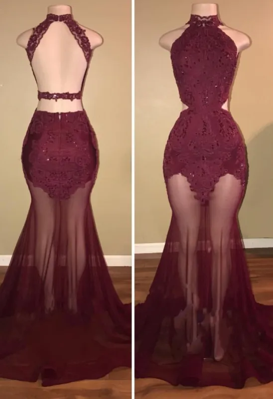 High-Neck Mermaid Tulle Lace Burgundy Prom Dresses sold by My Chic Dress