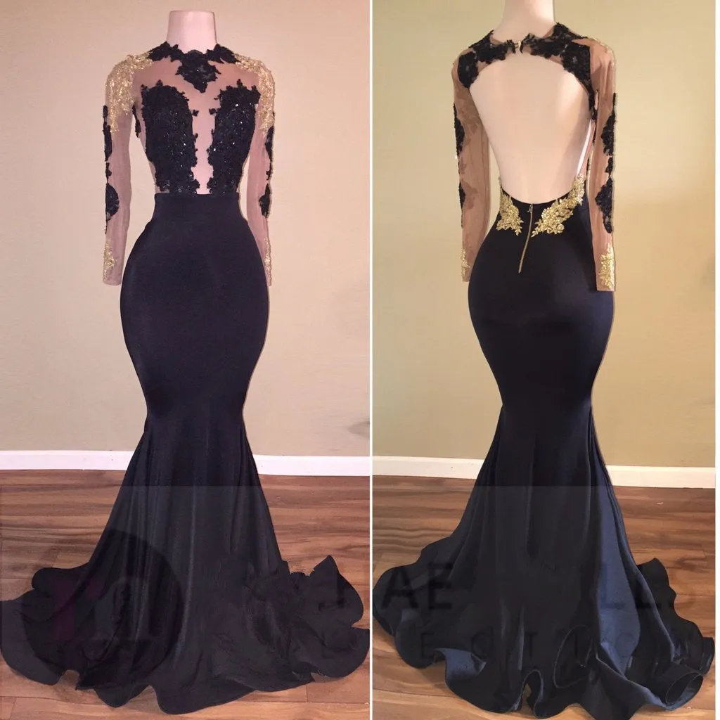 Sexy Mermaid Black Gold Long-Sleeve Prom Dresses sold by My Chic Dress