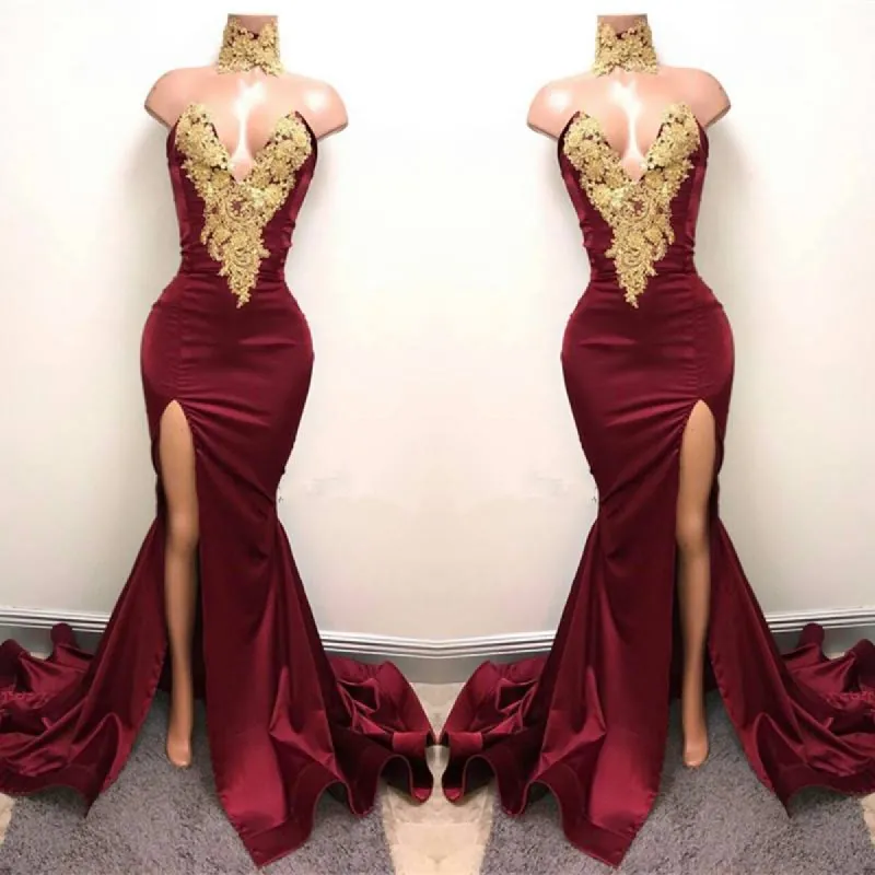 Sexy Mermaid Front-Split Lace High Neck Burgundy Prom Dresses sold by My Chic Dress