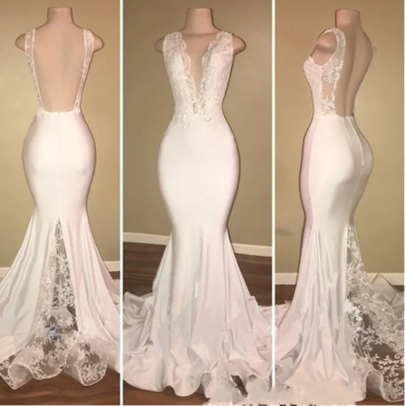 Long Mermaid V-Neck Lace White Prom Dresses sold by My Chic Dress