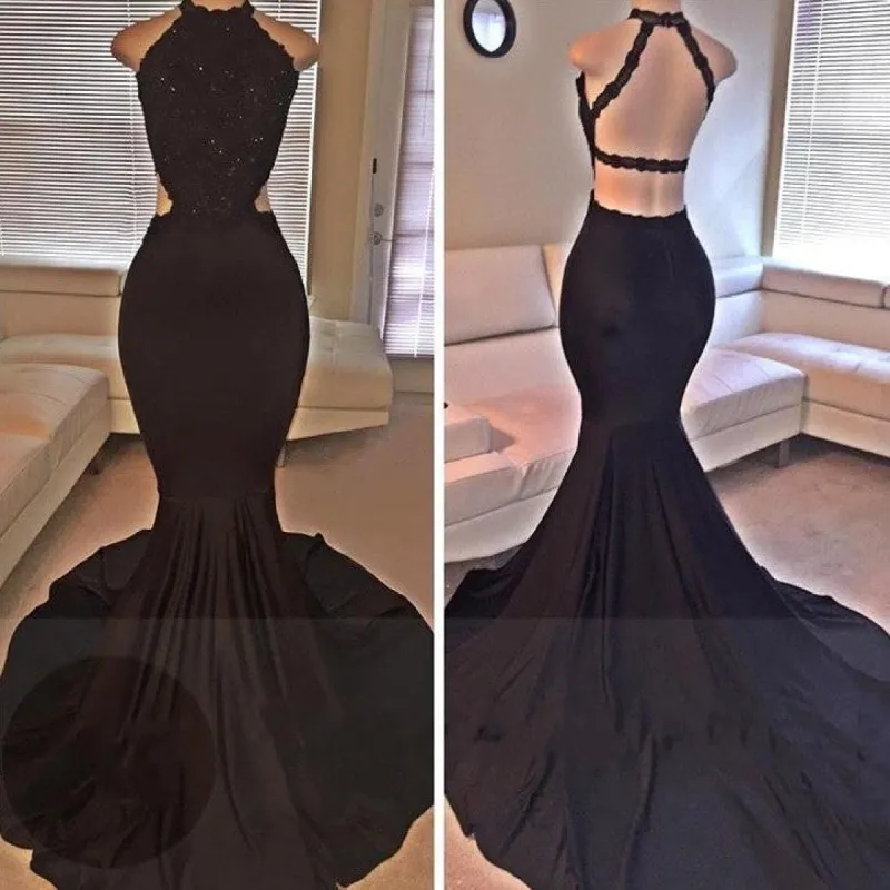Mermaid Sleeveless Black Backless Lace Prom Dresses sold by My Chic Dress