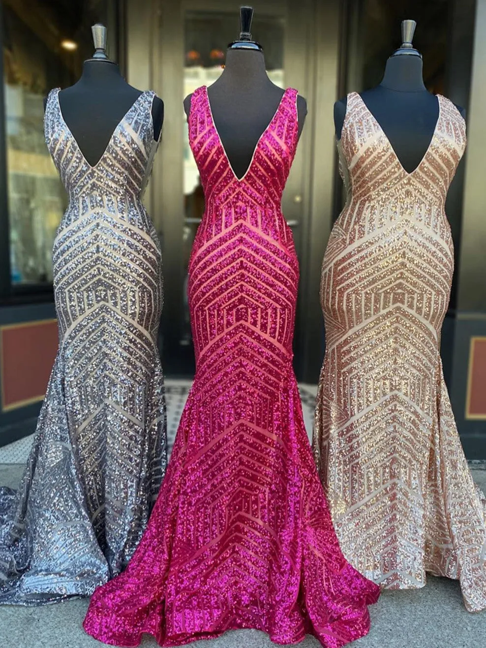 Shiny Mermaid Long V neck Red Sequins Prom Dresses sold by My Chic Dress product image thumbnail 2