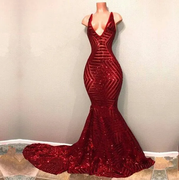 Shiny Mermaid Long V neck Red Sequins Prom Dresses sold by My Chic Dress