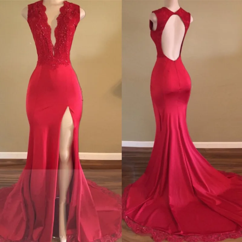 Sexy Split Backless V-neck Lace Red Prom Dresses sold by My Chic Dress