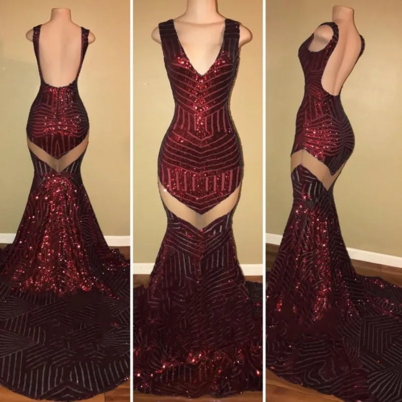 Sexy V-neck Black Sequined Burgundy Prom Dresses sold by My Chic Dress
