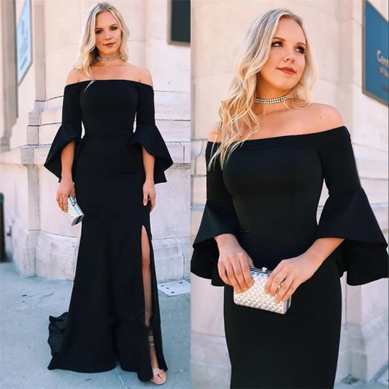Sheath Off-the-shoulder Black Prom Dresses Bell-Sleeves sold by My Chic Dress