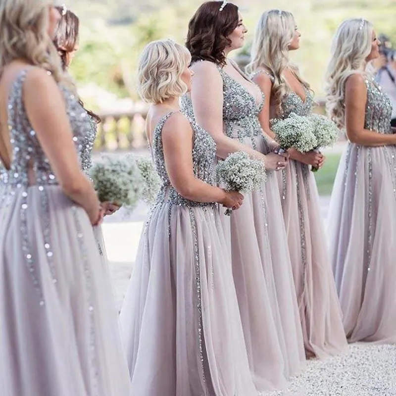 Sparkly Beaded V-Neck Long Sequined Tulle Bridesmaid Dresses sold by My Chic Dress