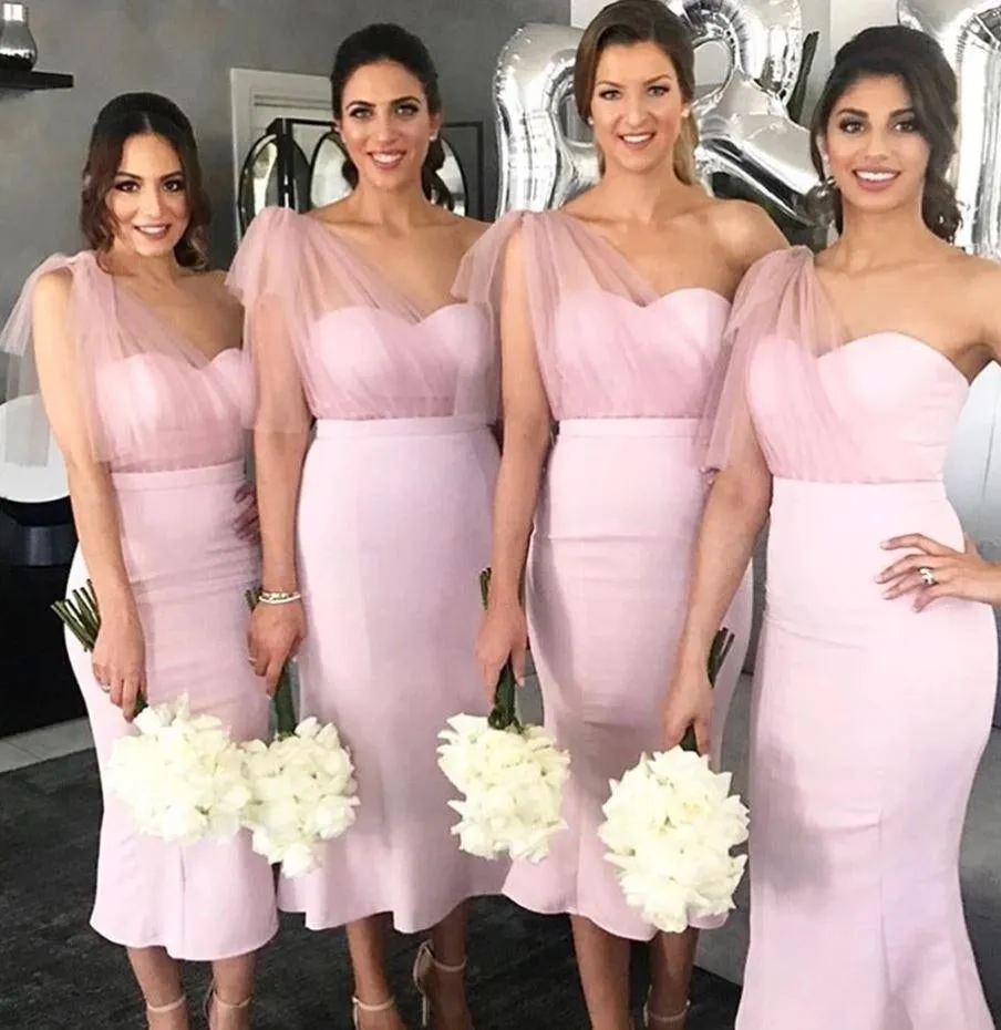 Short off the Shoulder Mermaid Pink Satin Bridesmaid Dresses Split sold by My Chic Dress
