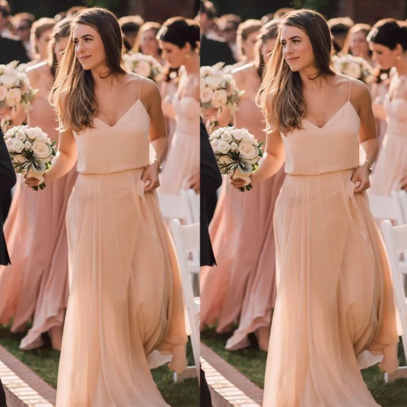 Long Pink Chiffon Bridesmaid Dresses V Neck Spaghetti-straps sold by My Chic Dress