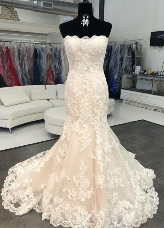 Strapless Lace Mermaid Wedding Dresses Sleeveless Lace up Back sold by My Chic Dress