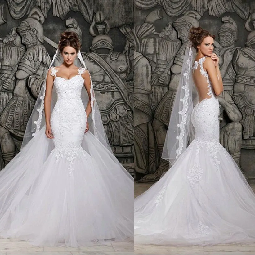 White Mermaid Tulle Lace Bridal Gowns,Free Wedding Veil sold by My Chic Dress