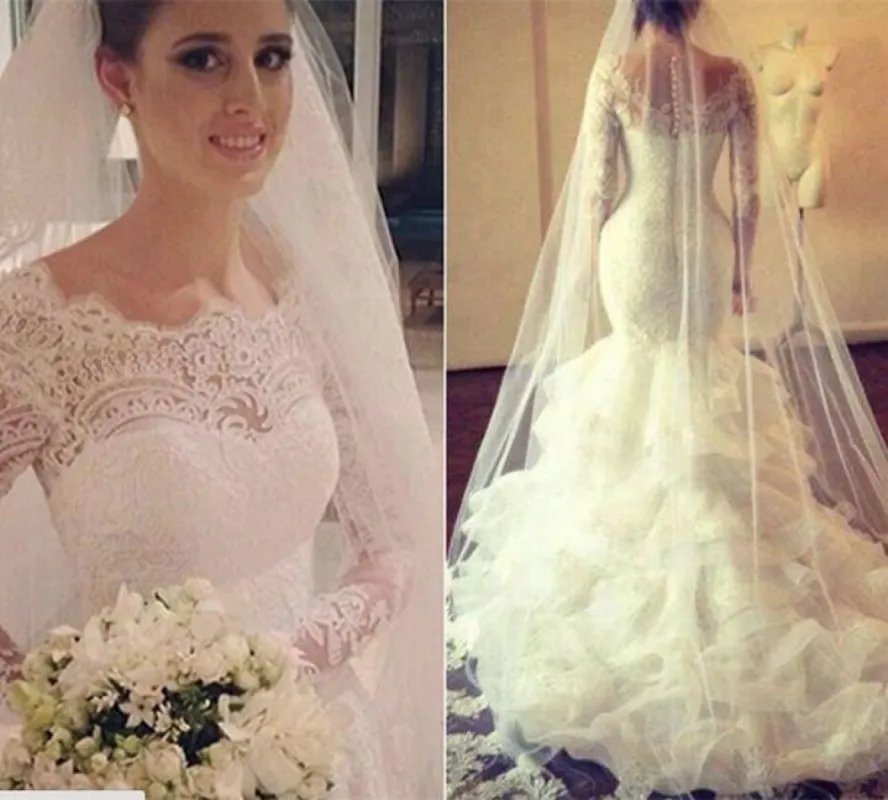 White Lace Mermaid Wedding Dresses with ruffles,Free wedding Veils sold by My Chic Dress