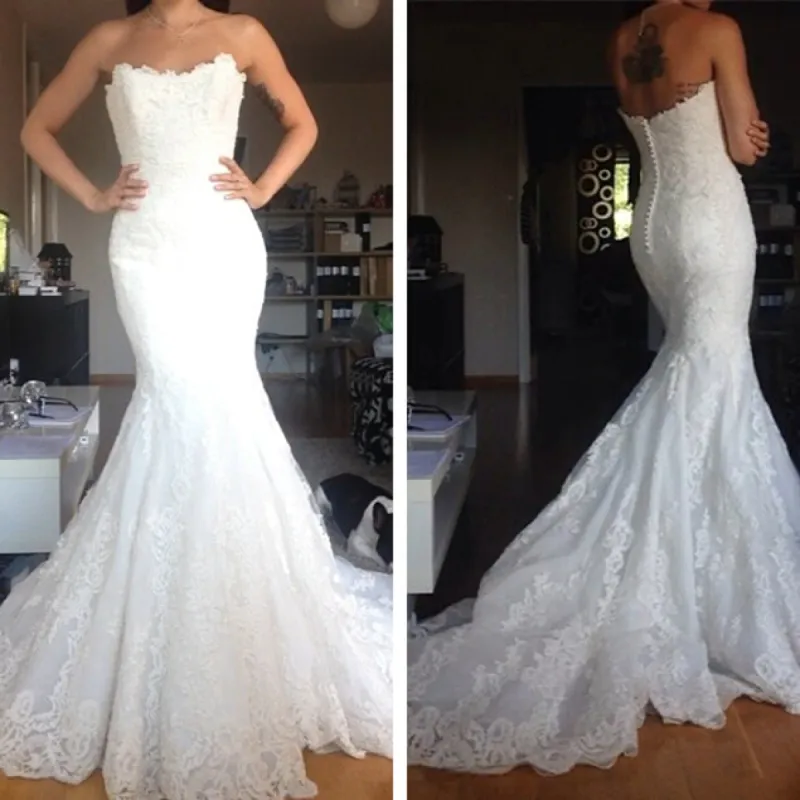Simple White Tulle Appliques Strapless Bridal Gowns with Buttons sold by My Chic Dress