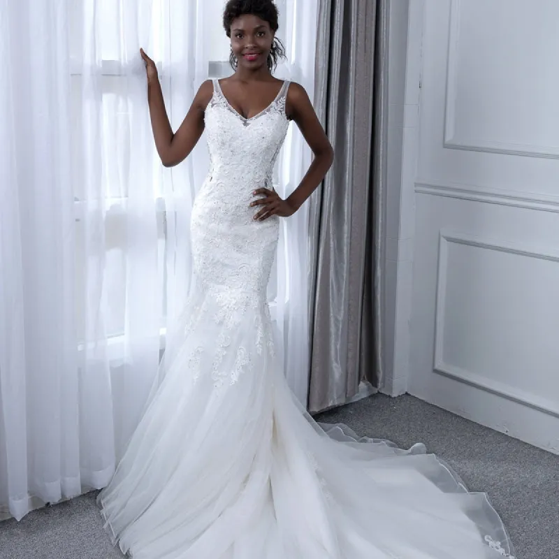 White Lace Mermaid Wedding Dress V-Neck Appliques sold by My Chic Dress